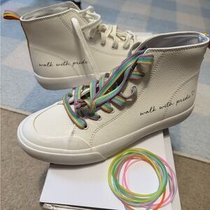 Women's White High-Top Sneakers with Rainbow Laces